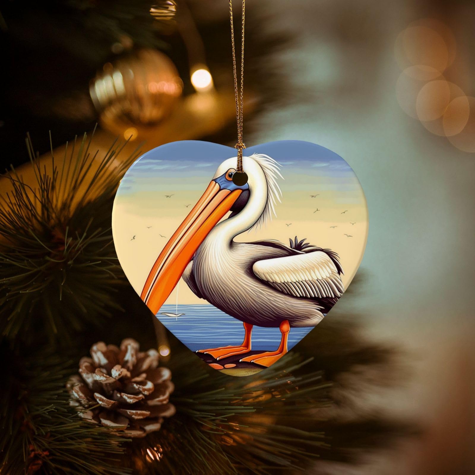 Christmas Tree Ornaments Ceramics Christmas Decorations Pelican Birds Ornaments with Gold Ribbon Porcelain Xmas Tree Crafts Heart Shape Hanging Pendant for Christmas Tree Party Decor