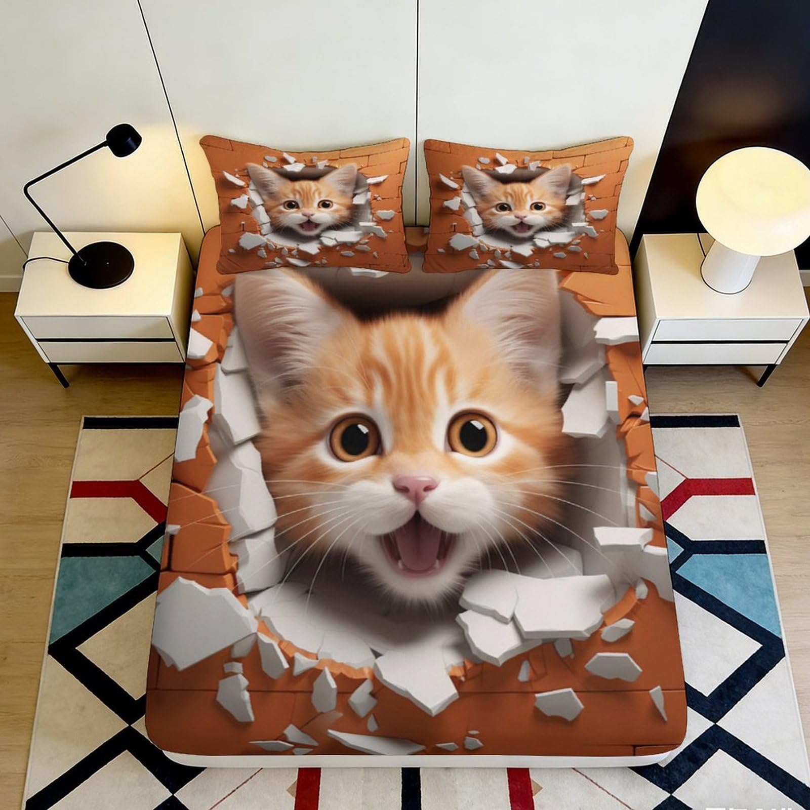 Pnayamiorkfel Style-1 3D Printed Orange Tabby Cat Fitted Sheet Microfiber Soft Breathable Broken Wall Bed Cover For Bedroom Dorm Decor 90X200x25cm