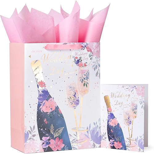 WRAPAHOLIC Bolsa de regalo de boda grande de 13" con tarjeta y papel de seda - Copa de champán y Cheers