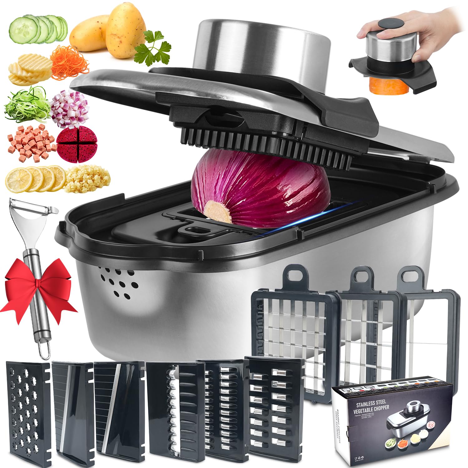 Juego Cortador de Verduras 11 Piezas 9 en 1, Mandolina con Cuchillas Acero Inoxidable, Protector Dedos, Corta Cubos y Juliana para Patatas, Cebollas, Pepinos y Fruta Fresca
