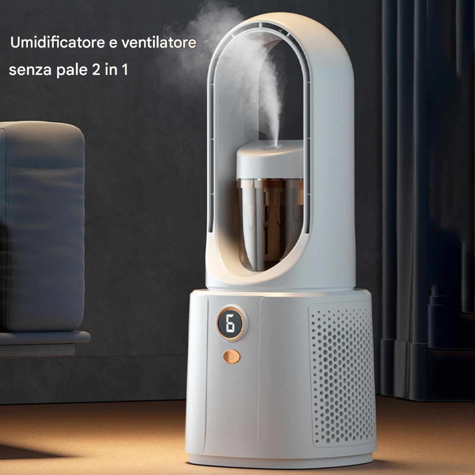 Ventilatore A Torre Silenzioso, 6 Velocità Ventilatore Senza Pale | umidificatore e ventilatore rinfrescante, Ventilatore a Piantana con Luce d’ambiente, USB, Per Casa e Ufficio