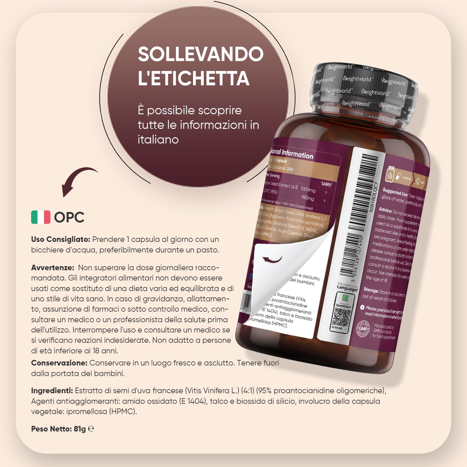 OPC Integratore al 95%, in 240 Capsule Vegane, Solo 1 al Giorno (8 Mesi di Fornitura), Estratto Semi Uva Francese (Grape Seed Extract) 4:1, 1000mg per Capsula, Privo di Magnesio Stearato e Allergeni