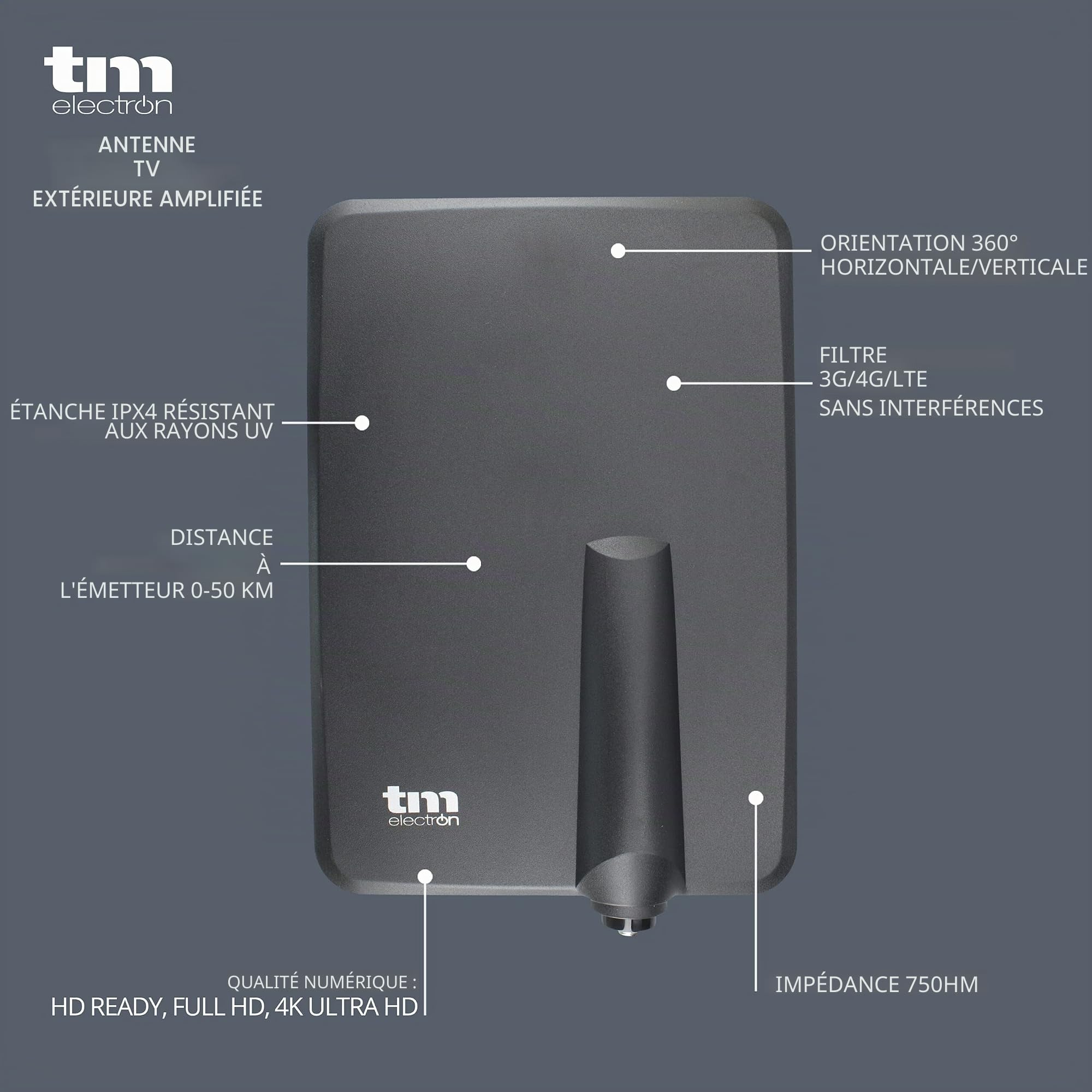 TM Electron TMANT015 Antenne TV d'intérieur ou d'extérieur avec amplificateur intégré 40 DB, Ultra compacte, Orientation 360°, Montage Mural ou mât et résistante aux intempéries