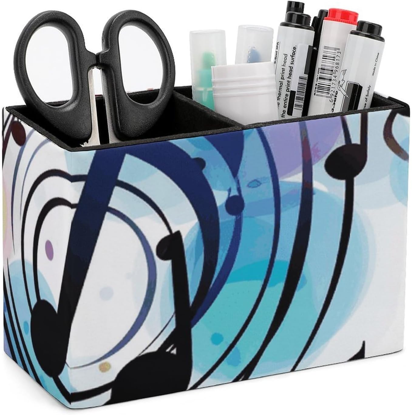 Polka Dot Music Note Leather Pen Holder for Desk Double Compartments Brush Pot Square Pencil Container Box Desktop Organizer for Home Office Accessories