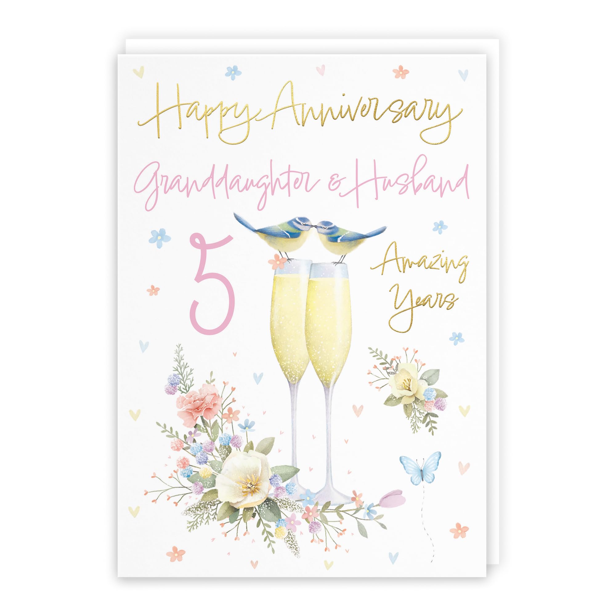Hunts England - Granddaughter And Husband 5th Anniversary Card - A5 Size - Champagne Flutes - Gold Foil - 5th Anniversary Card For Granddaughter And Husband - Milo's Gallery โ image 1