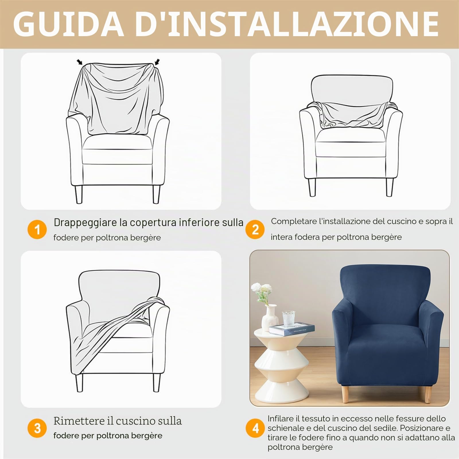 Copripoltrona 1 Posto con Braccioli Universale Copri Poltrona Elasticizzato Lavabile Fodere per Poltrone Fodere per Sedie Copripoltrona Sedie A Vasca Fodera Poltrona Club per Home (Blu navy)