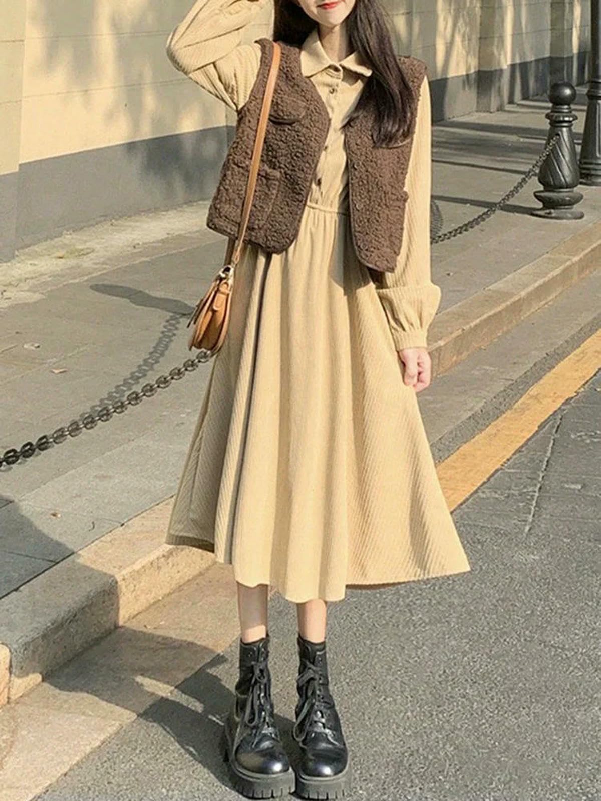 Vestiti a Maniche Lunghe Abito da Camicia Donna Preppy, Nuovo Solide, Elegante Midi Casual, Ufficio Classico E Vestito Quotidiano, Eleganti Abiti