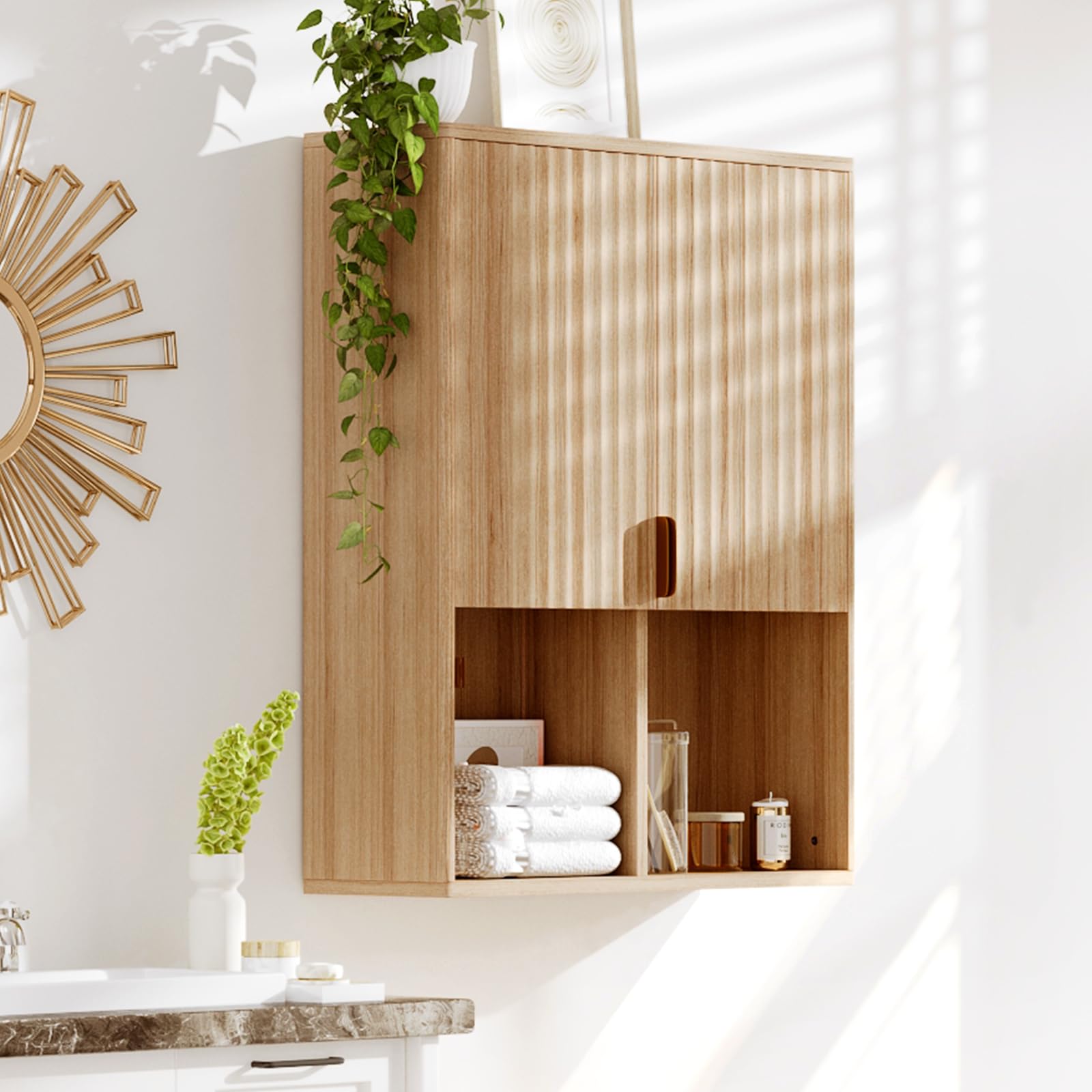 GarveeHome Gabinete de baño de Madera Natural montado en Pared - Puertas, estantes Ajustables y Espacio Abierto - Almacenaje Moderno sobre Inodoro para baño, lavandería, Cocina y Sala - Madera