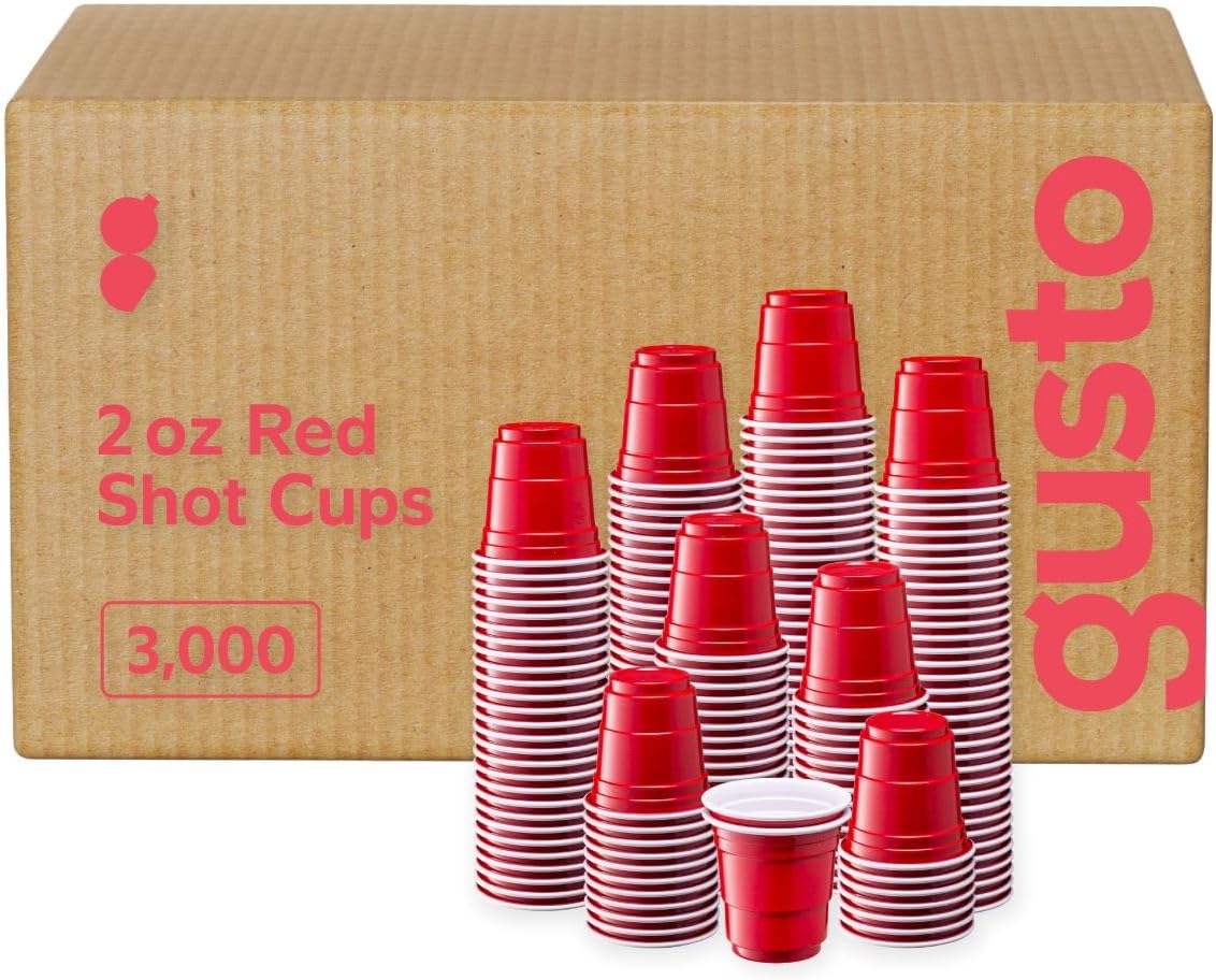 Comfy Package [Case of 3,000 2 oz. Mini Plastic Shot Glasses Disposable - Red Jello Shot Cups for Parties and Events