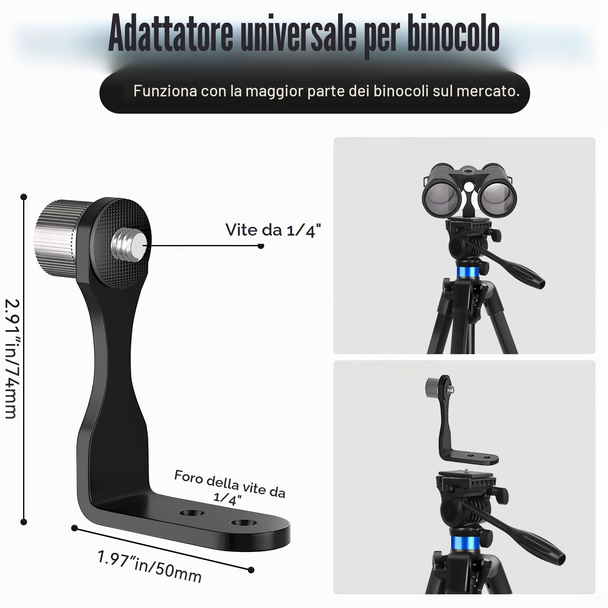 Treppiede per Binocolo, Alluminio [173 cm + 25 cm] Telescopio Treppiede, con Adattatore Binocolo, 2 Piastre Sgancio Rapido, Supporto per Smartphone/iPad
