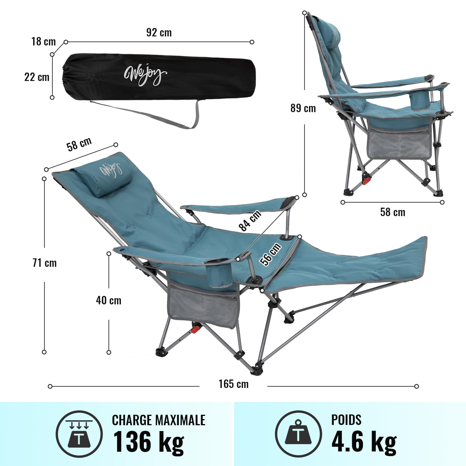#WEJOY 2-in-1 Campingstuhl Faltbar mit Fußstütze, Gepolstert Liegestuhl mit Verstellbarer Rückenlehne, Relaxsessel Liege mit Getränkehalter, Liegestuhl für Outdoor Camping Cyan 2er Set
