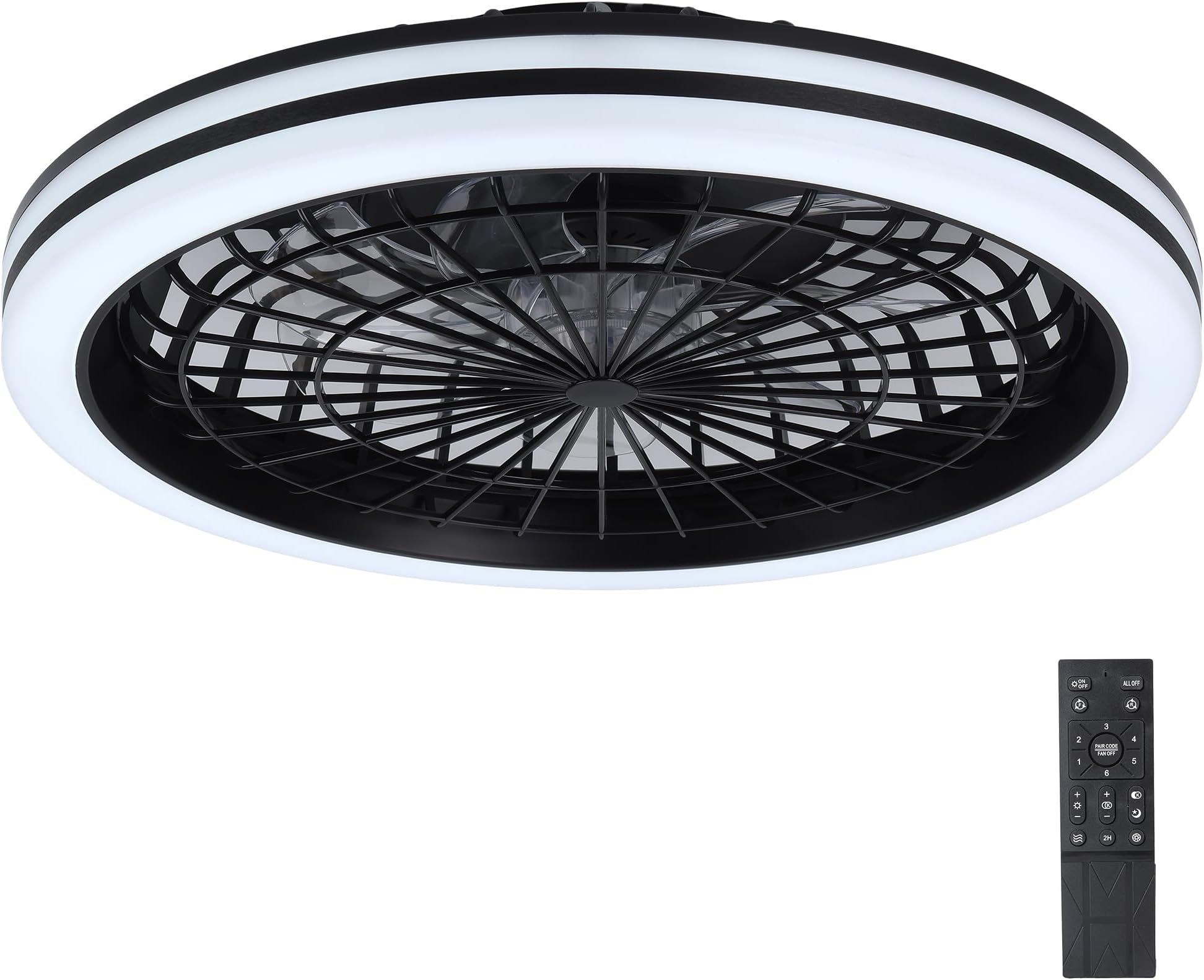 20" Bladeless Ceiling Fan with Lights, Flush Mount, Remote Control, Low Profile Ceiling Fan with Light, 3 Dimmable LED Light for Bedroom, Living Room (Black)