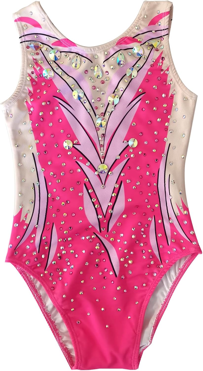 Girls' Pink Sparkly Patterned Synchronized Swimsuit for Children's Competition Performances Shimmering Style