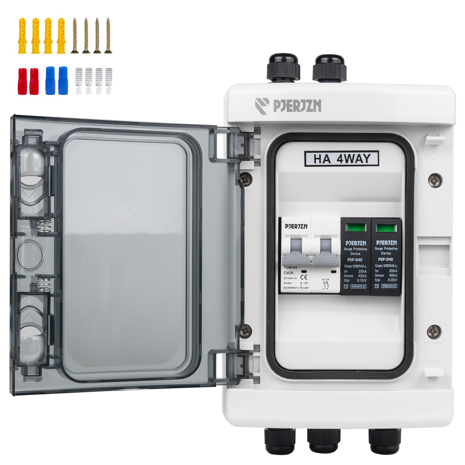 PJERJZN Solar Kombigerät (1-in-1-Out/2-in-2-Out/4-in-4-Out) mit 1000V DC 40A LS-Schalter & 20-40KA SPD, IP65 Wasserdichtes Gehäuse (PC+ABS) für Wohnmobile/Dach/Inselanlagen (1-in-1-Out)
