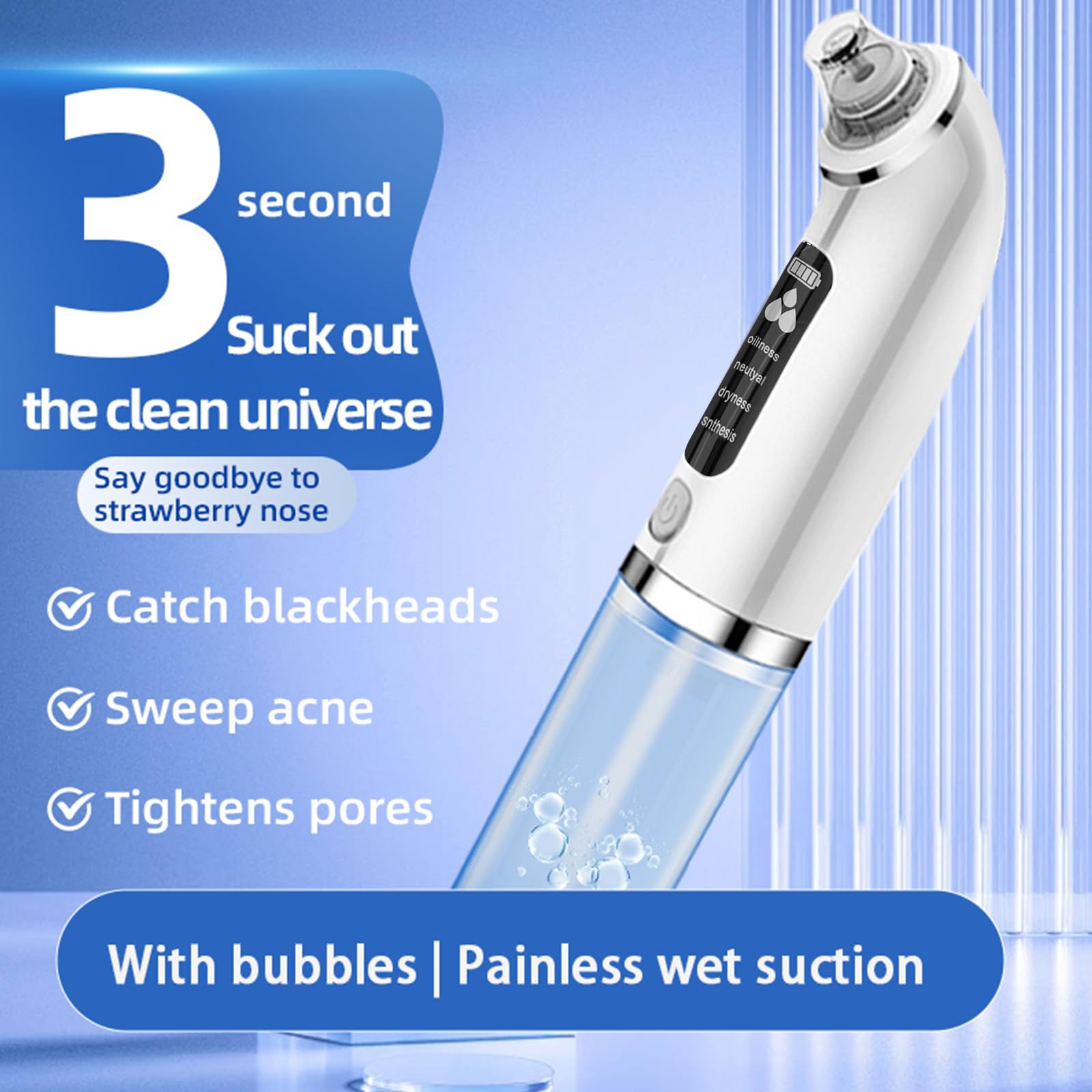 Aspirateur Pour Points Noirs, Extracteur Points Noirs Visage pour le Nettoyage du Visage, Traitement de l'acné et Soins de la Peau, 4 Modes, 6 Sondes et Réservoir d'eau Visible, Rechargeable-Blanc