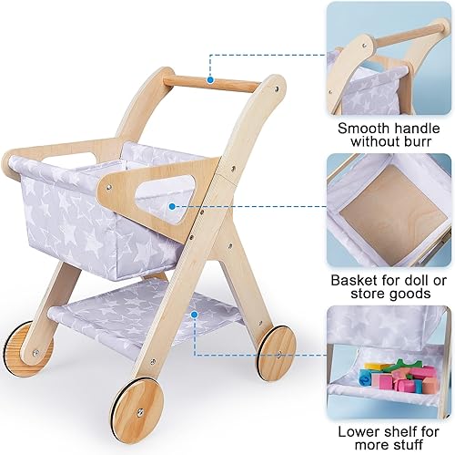 Miniatura 6 de FIOBEE Carrito de compras para niños Carrito de compras de juguete con cesta Juguetes de madera para bebés, carrito de comestibles para niños y