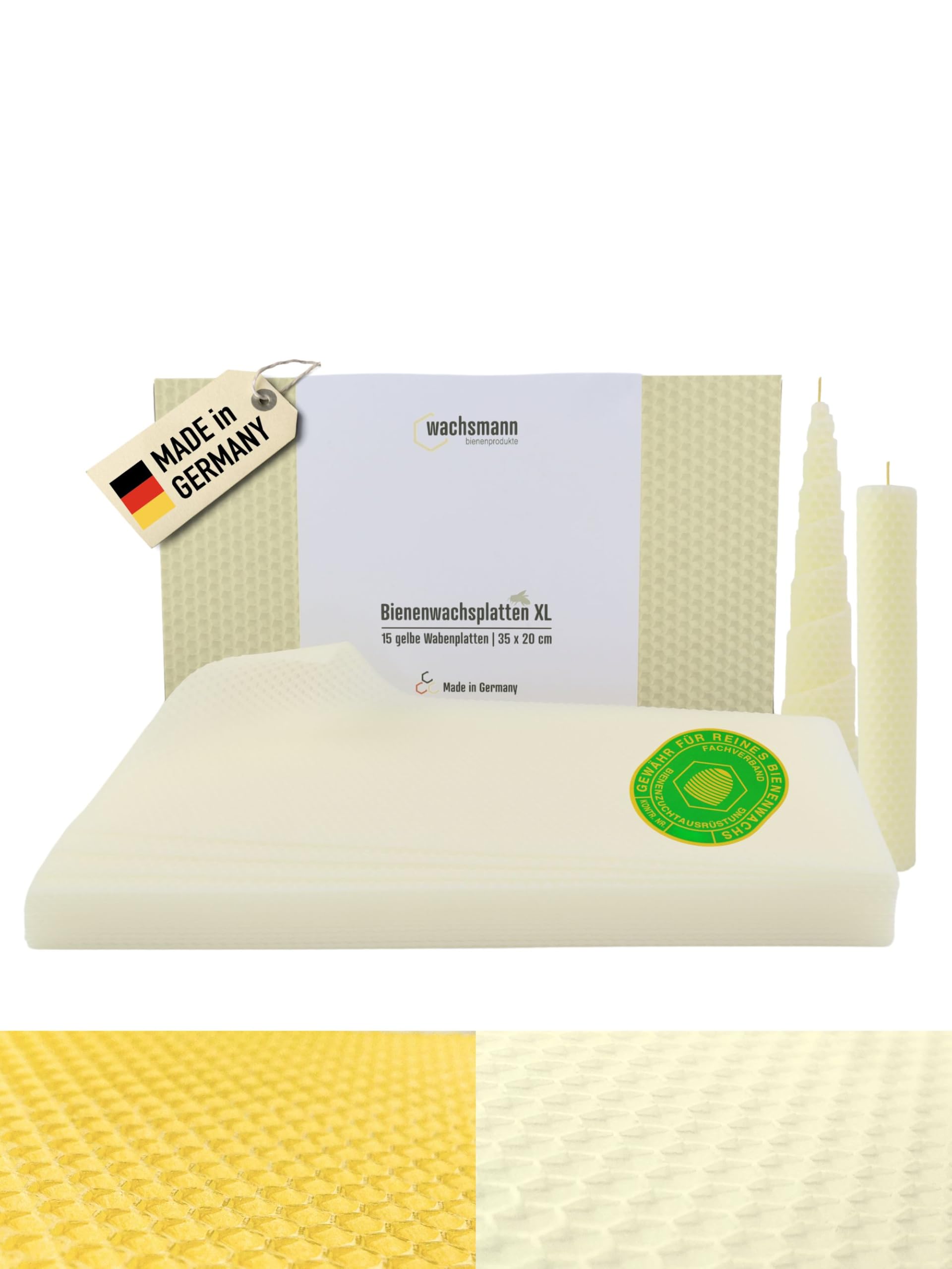 Wachsmann Płytki z wosku pszczelego, 15 XL, 35 x 20 cm, czysty wosk pszczeli z Niemiec, białe, płytki woskowe do samodzielnego wykonania świec, prezent "zrób to sam" – świeca miodowa