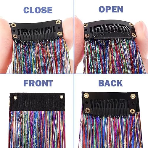 16 Pcs Laser Colored Hair Tinsel Strands Kit Clip In Hair Tinsel Extensions Shinny Party Highlights 19 Inch Synthetic Hairpieces Multi-Colors Dazzle Glitter Hair Accessories For Women Girls Kids #TOP3