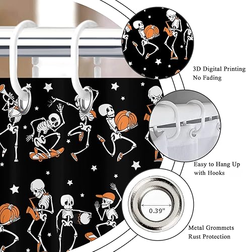 Miniatura 5 de Cortina de ducha de Halloween, para amantes de la música rock and roll, esqueleto y esqueleto con banda de hueso, divertida cortina de baño para