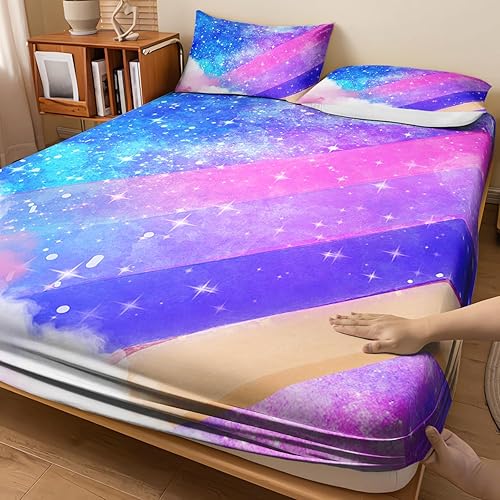 Vista 87 de Sábanas y fundas de almohada de microfibra suave arcoíris, sábana bajera ajustable con bolsillos profundos, sábana bajera ajustable para decoración