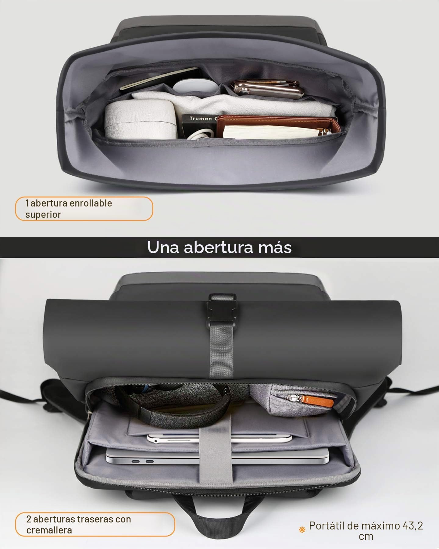 Inateck Mochila Escolar Mochila para Portátil Bicicleta Mochila Portatil 17 Pulgadas, Mochila Casual Mujer Hombre Viaje Roll Top 25L-30L, resistente a las salpicaduras, Bolso de Escolar de Moda