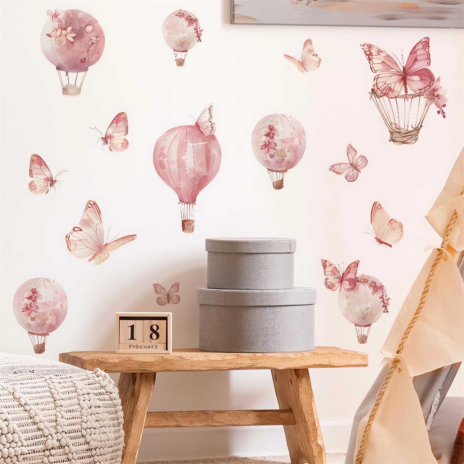 Calcomanías de pared grandes con diseño de mariposa rosa, globos de aire caliente, calcomanías de pared de vinilo extraíbles para niños, bebés, niñas, guardería, dormitorio, habitación de