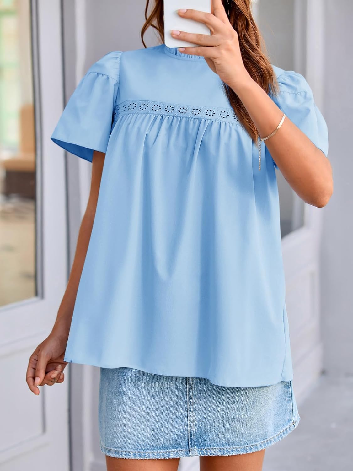 Tankaneo Womens Ruffle Short Sleeve Babydoll Tops Peplum Mock Neck Blouse Casual Loose Fit Pleated Tunic Shirts - Image 2