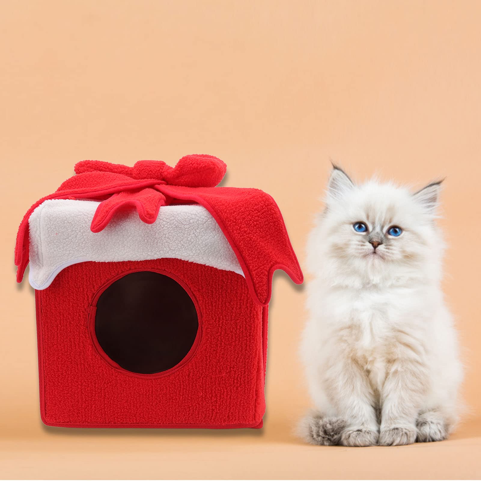 Grotte pour Chat en Forme de Noël, Lit Doux avec Boîte Cadeau,