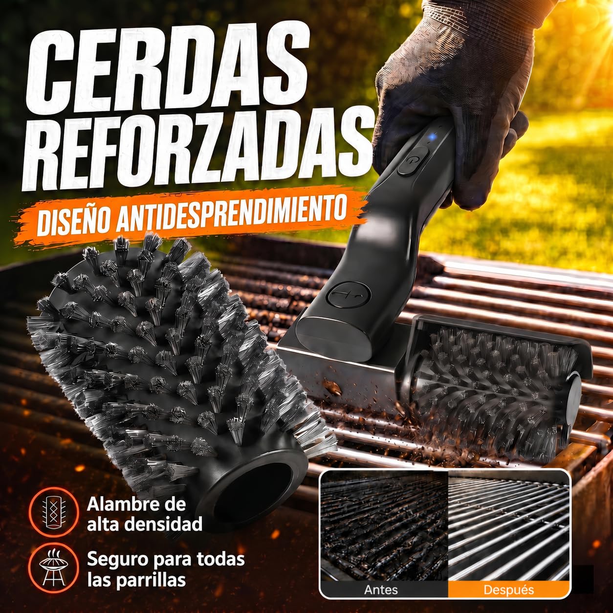 Cepillo eléctrico para Barbacoa y Parrilla, Limpiador de Parrilla eléctrico con Cabezal Ajustable 180°, 3 velocidades 300/350/400 RPM, batería USB-C 90 min, IPX6, cepillos Intercambiables