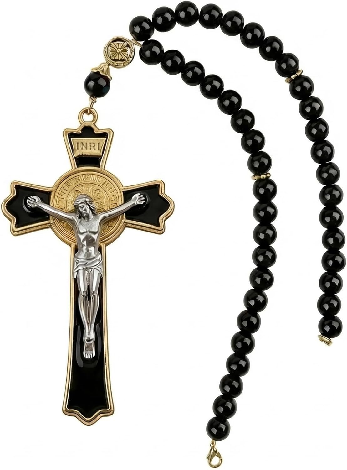 Catholic Car Rosary for Rearview Mirror, Black 40-Bead Rosary with Saint Benedict Cross, Cross for Car Mirror Hanging, Prayer Rosary for Car, Christian Gift for Catholics