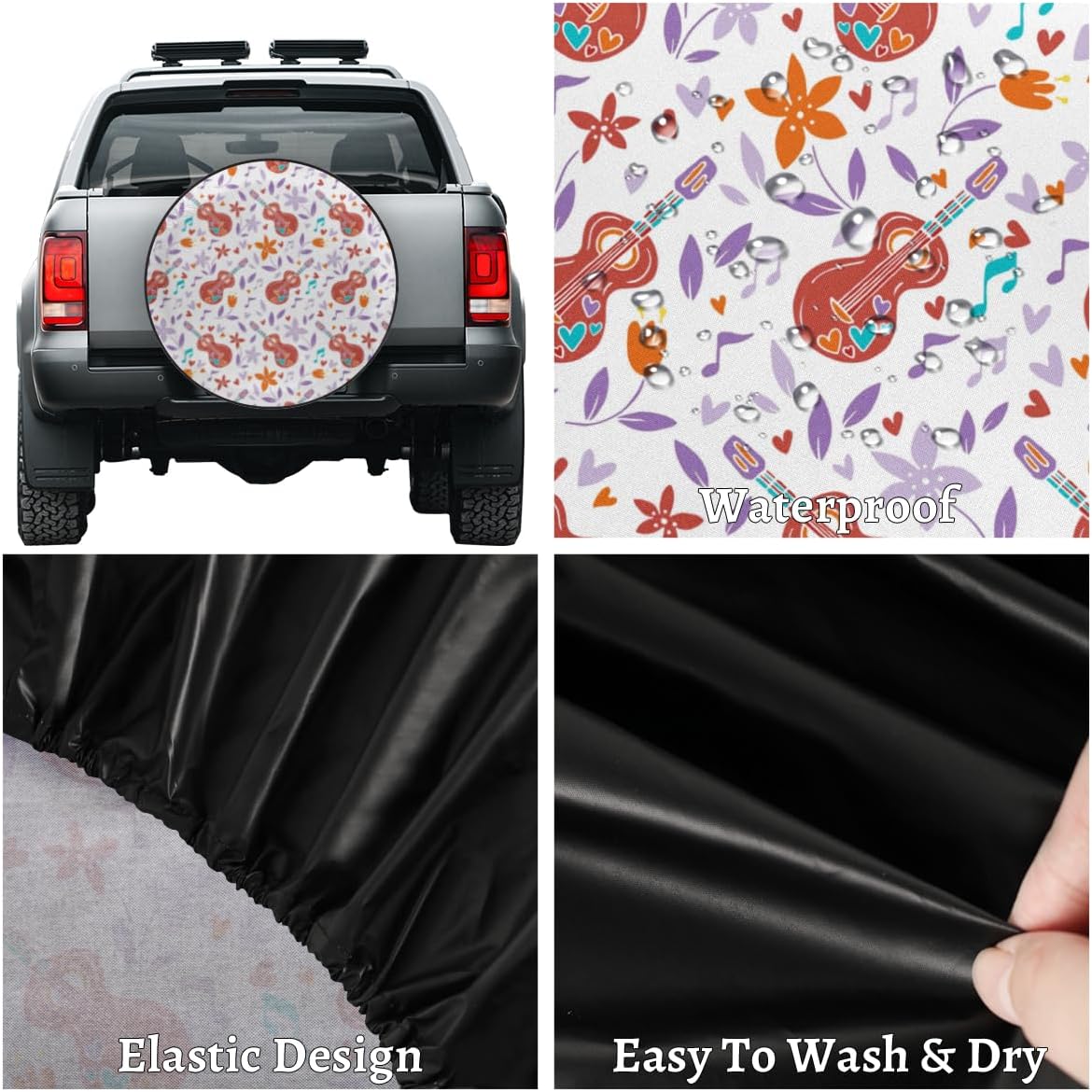 Guitar Flower Tire Covers Portable Spare Tire Cover Soft Durable Waterproof Dustproof Set of 4 Bags 14 Inches for Car Truck SUV Trailer Camper