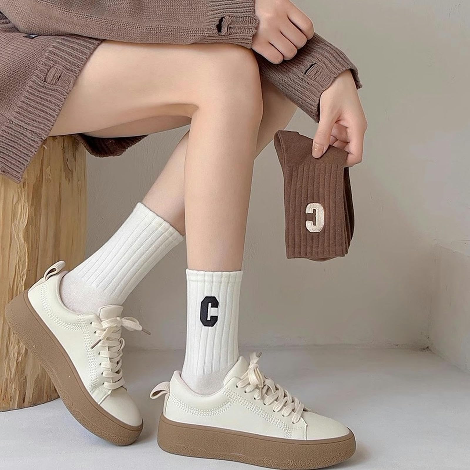 Calzini 5 Paia di Calzini per Donne, Tubo Medio, Primavera E Stile Autunno, Cotone Puro, Deodorazione, Calzini da Donna con Lettere C Carine-5 Coppie Miste-codice Medio