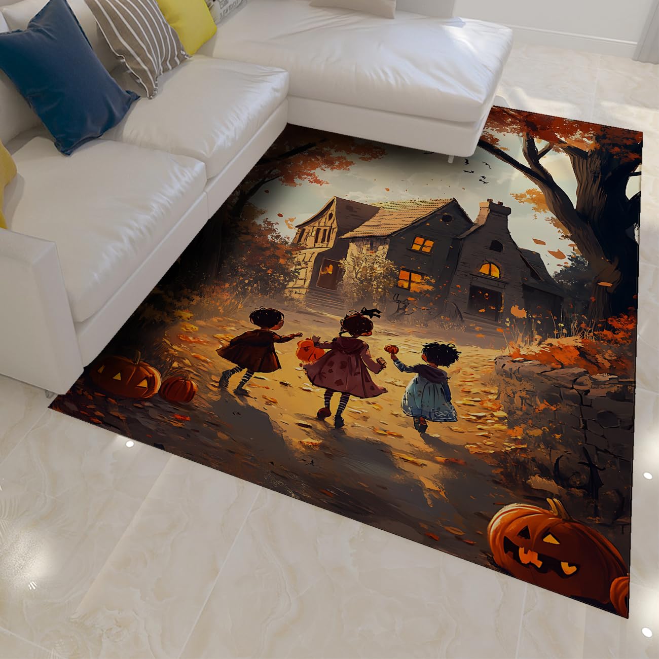 Tapis grand salon Halloween château citrouille imprimé lavable poils ras 150x240