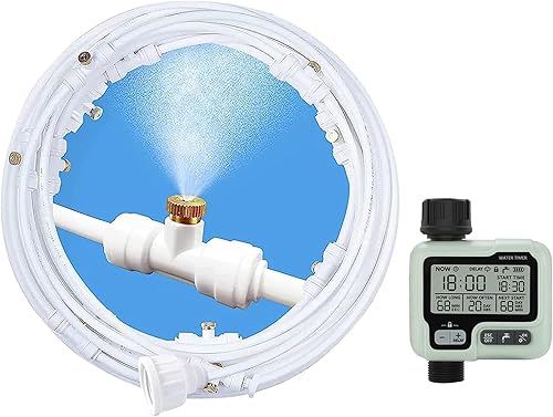 Misters para patio exterior con temporizador de manguera, sistema de nebulización para refrigeración al aire libre, 50 pies (negroblanco) para riego