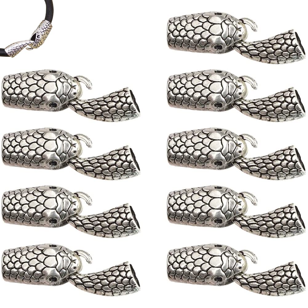 Haowul Silver Cord End Caps 10 Sets Snake Shaped Hook Bracelet Clasps Set Alloy Leather Cord Clasps For Bracelet Jewellery Making