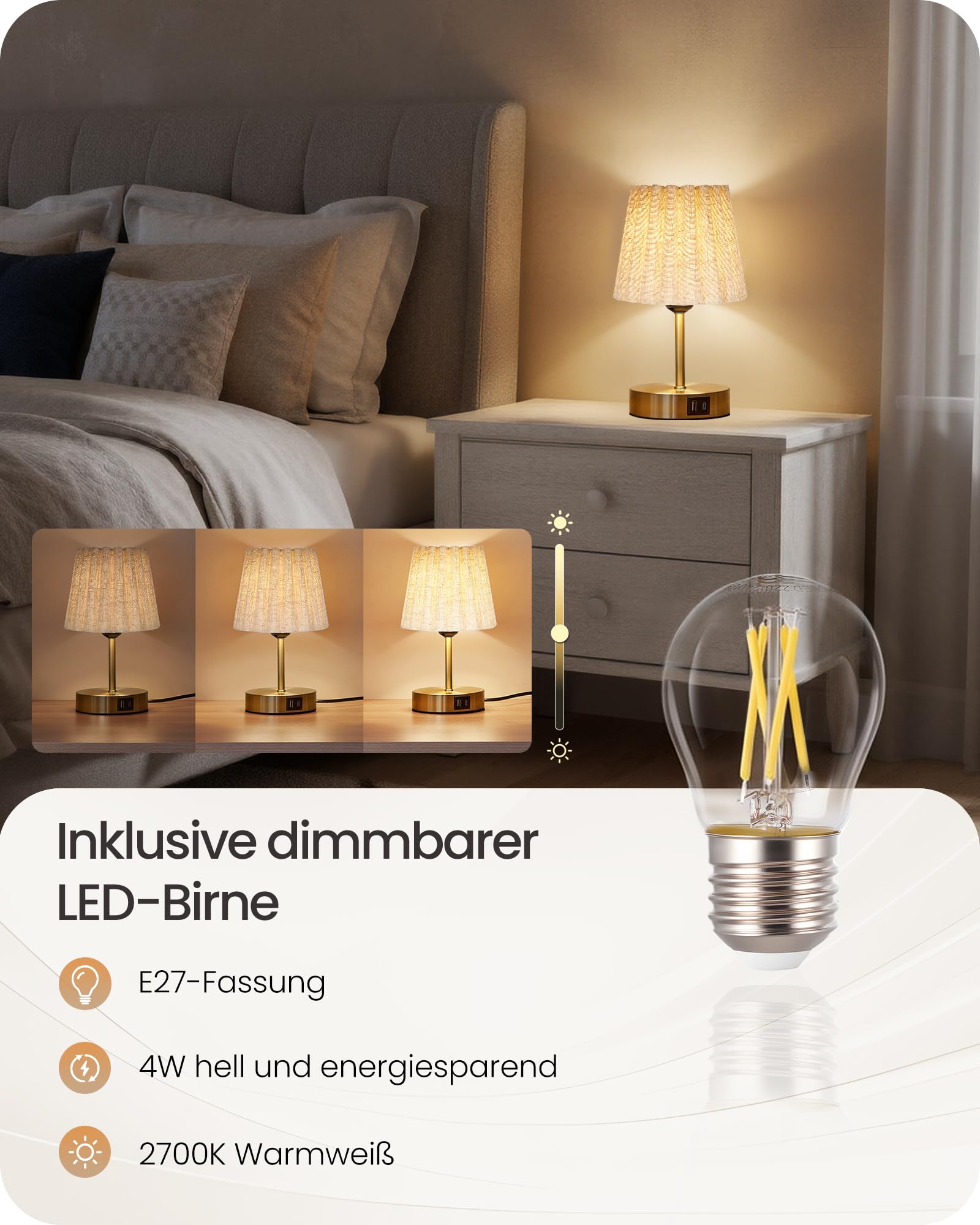 Lampada da comodino tattile dimmerabile, confezione da 2, con USB e lampadina LED dimmerabile, paralume ondulato, attacco E27, per comodino, ufficio, camera da letto, oro e beige