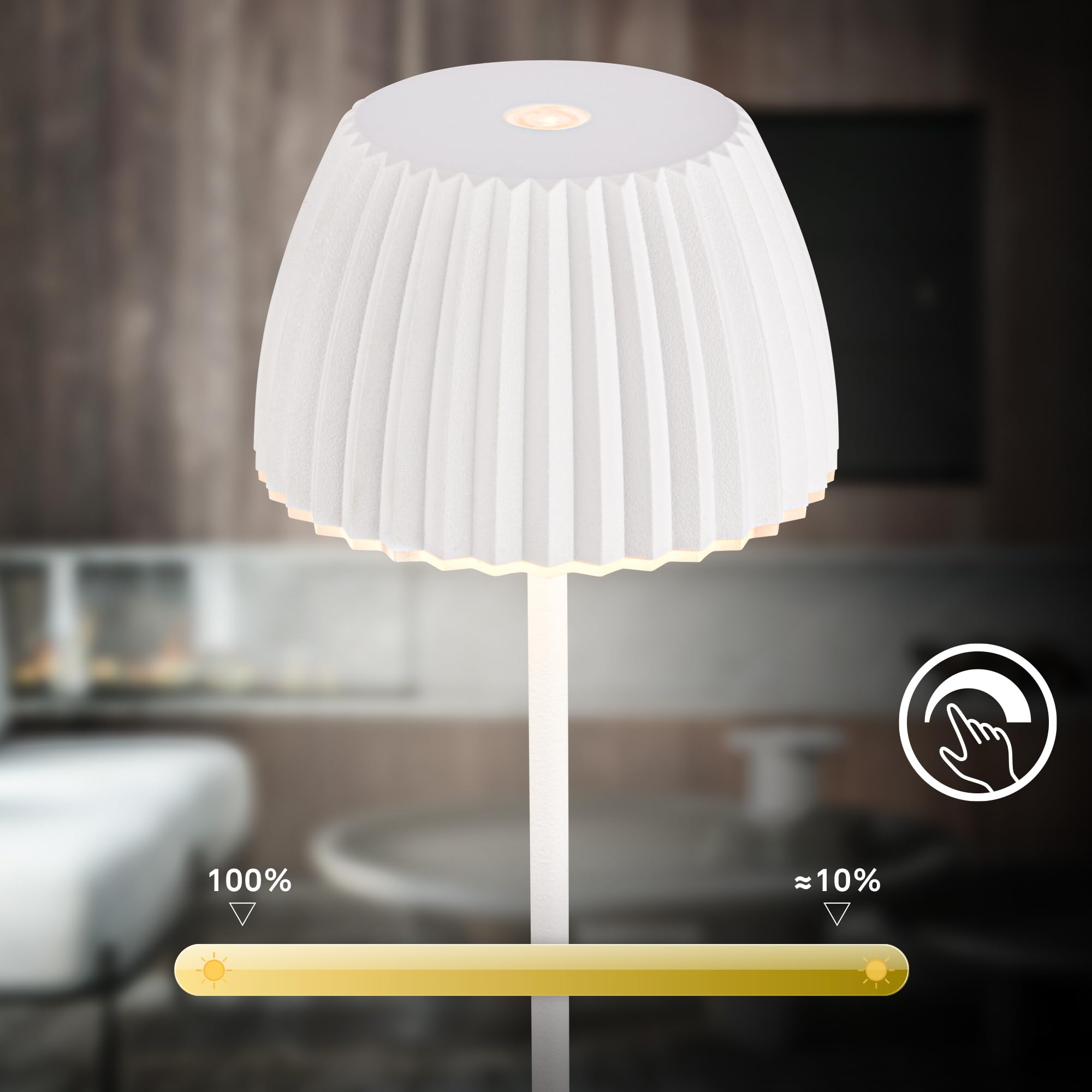 BRILONER - Riffle Mini lampara de mesa sin cable LED inalámbrica IP44 con borde luminoso, regulador táctil, lampara mesita noche sin cable, ganadora del German Design Award 2025, 8,5x20 cm, blanco