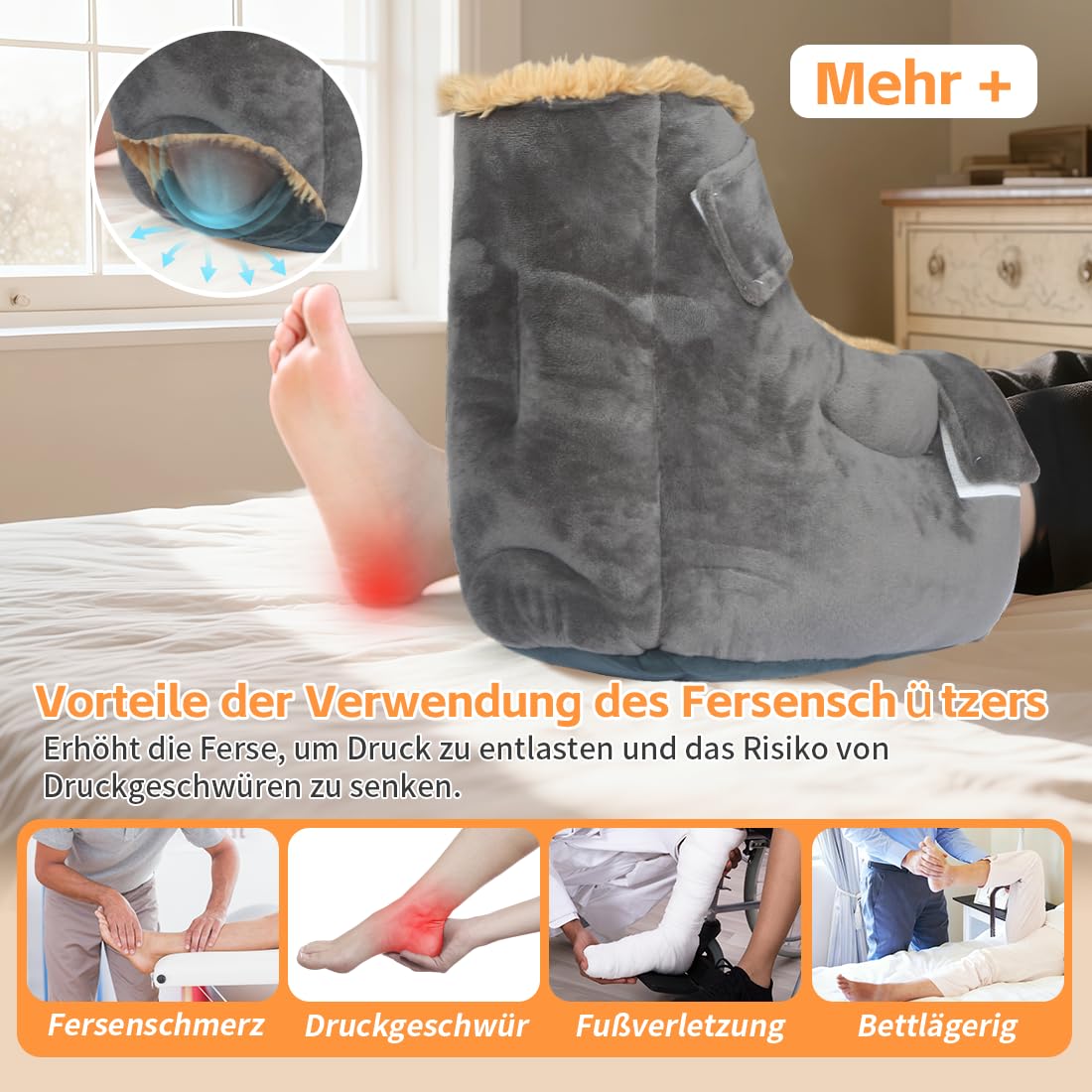 Fersenschützer gegen Dekubitus für Bettlägerige, Fersenentlastungskissen mit offener Ferse, Weiches Fersenpolster mit verstellbaren Klettverschlüssen für Druckstellen & Seniorenpflege (Grau, 1PC)
