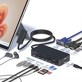 Surface Dock, 12-in-1 Triple Display (2 HDMI 4K+VGA) Surface Dock, Surface Docking Station for Surface Pro 11/10/9/8/X/7/6/5/4/3, Surface Book 3/2/1, Surface Laptop go/7/6/5/4/3/2/1