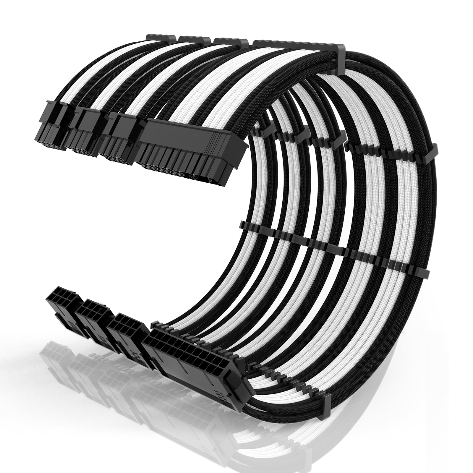 16AWG PSU Cable Extension Kit With Cable Combs,1x24pin ATX/1x8pin(4+4) EPS/2x8pin(6+2) PCIE Extension Cable,Cable Extension PC Sleeved Cables 30cm Length,Power Supply Extension Cable Kit(Black/White)