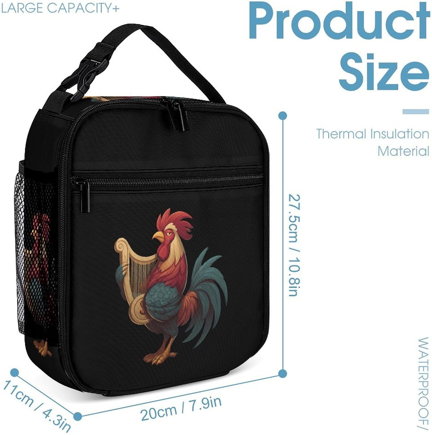 Rooster Cock Music Backpack Lunch Bag Pencil Case 3Pcs Set image 4