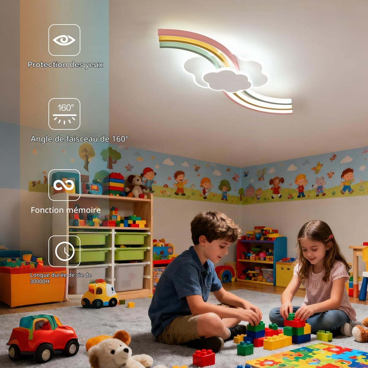 Plafonnier pour chambre d'enfant 62 cm, Luminaire LED avec télécommande, Nuage créatif, Lampe de Plafond arc-en-ciel, 3000 K-6000 K, Intensité variable, Minuteur et veilleuse pour chambre de bébé