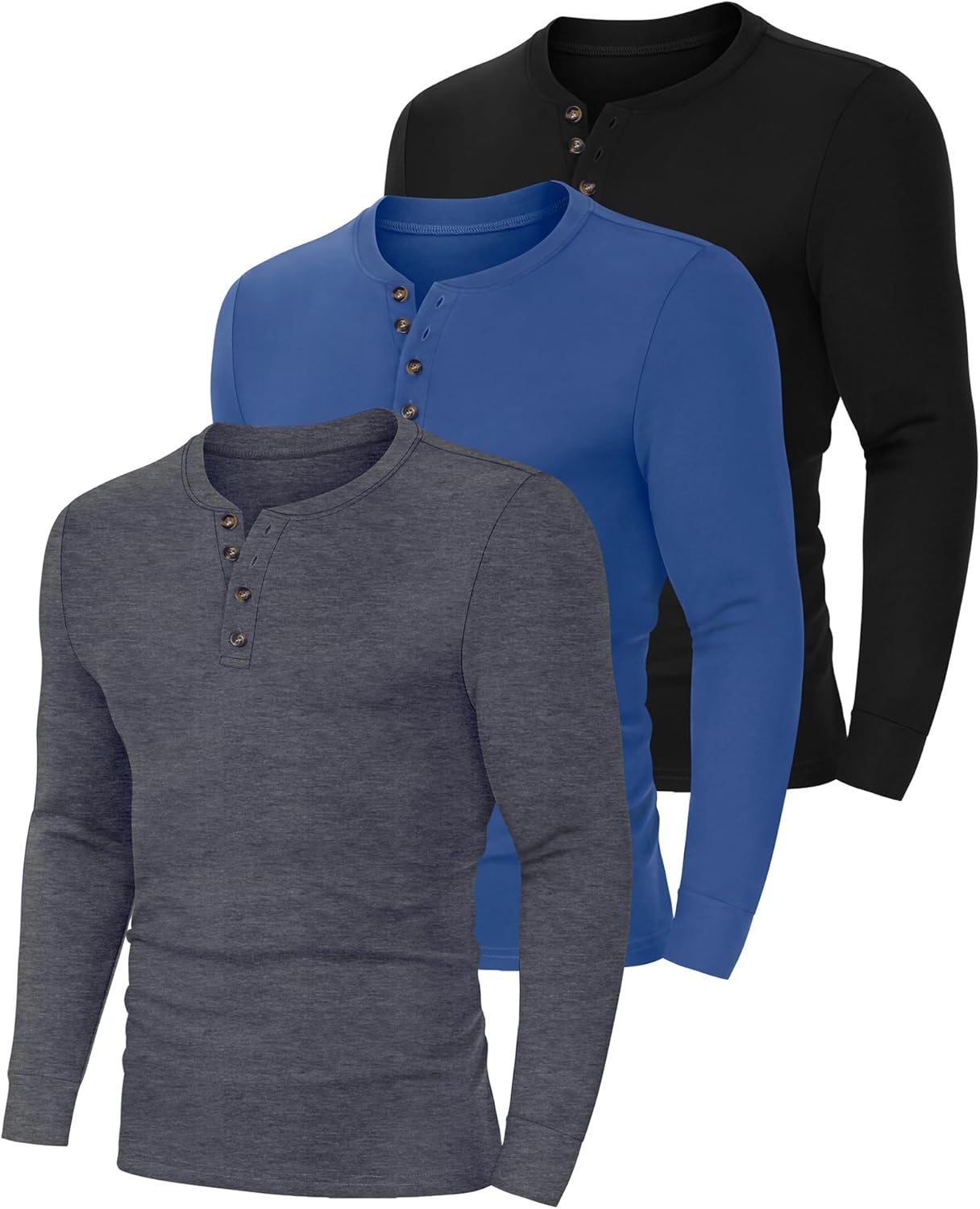 Ficerd 3 Pack Men's Henley Shirts Long Sleeve T-Shirt Basic