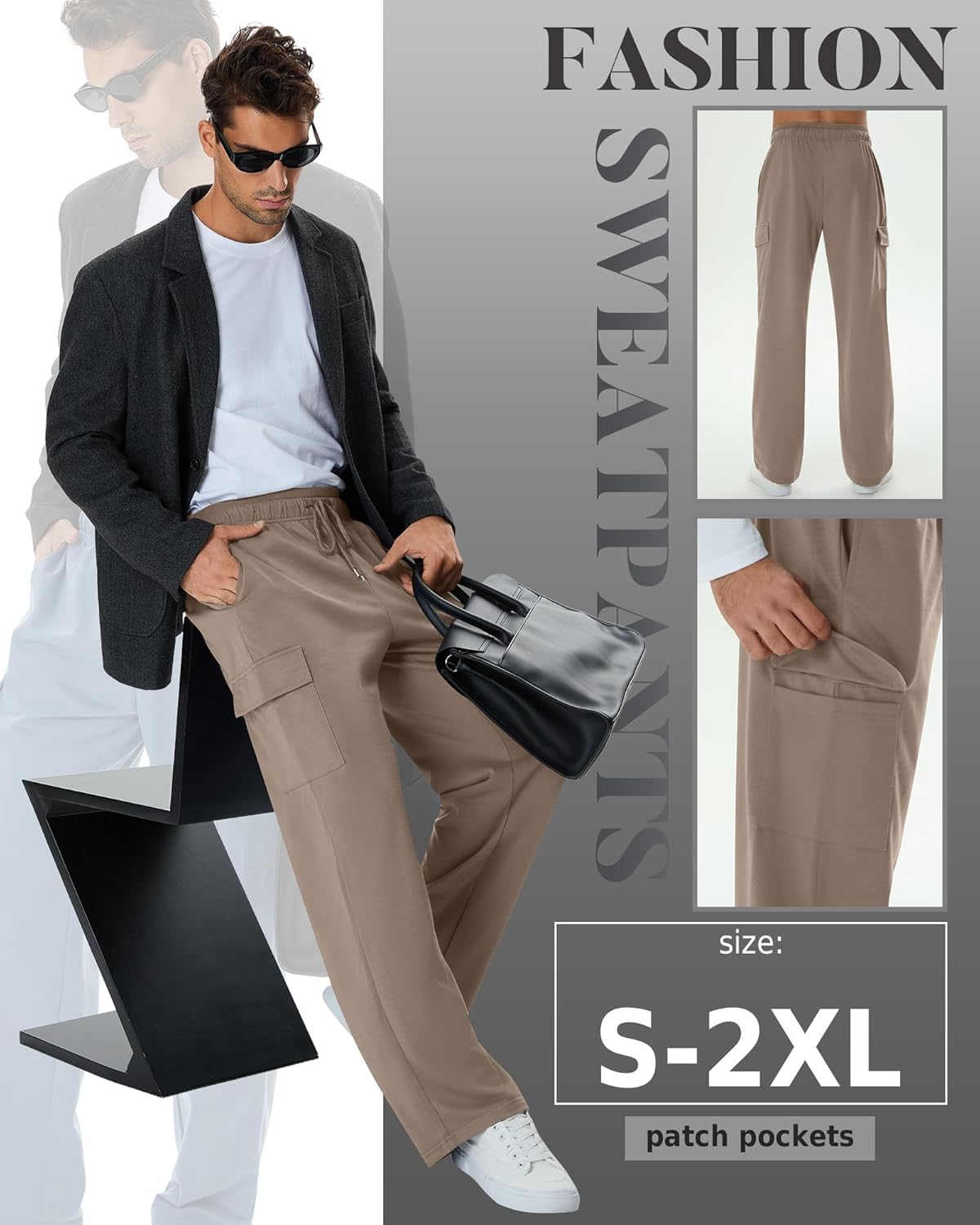 3 Pack Men's Cargo Sweatpants Drawstring Thin Straight Leg Pants Casual Baggy Open Bottom Jogger with Pockets(Space Black, Light Gray, Apricot,Medium) - Image 5