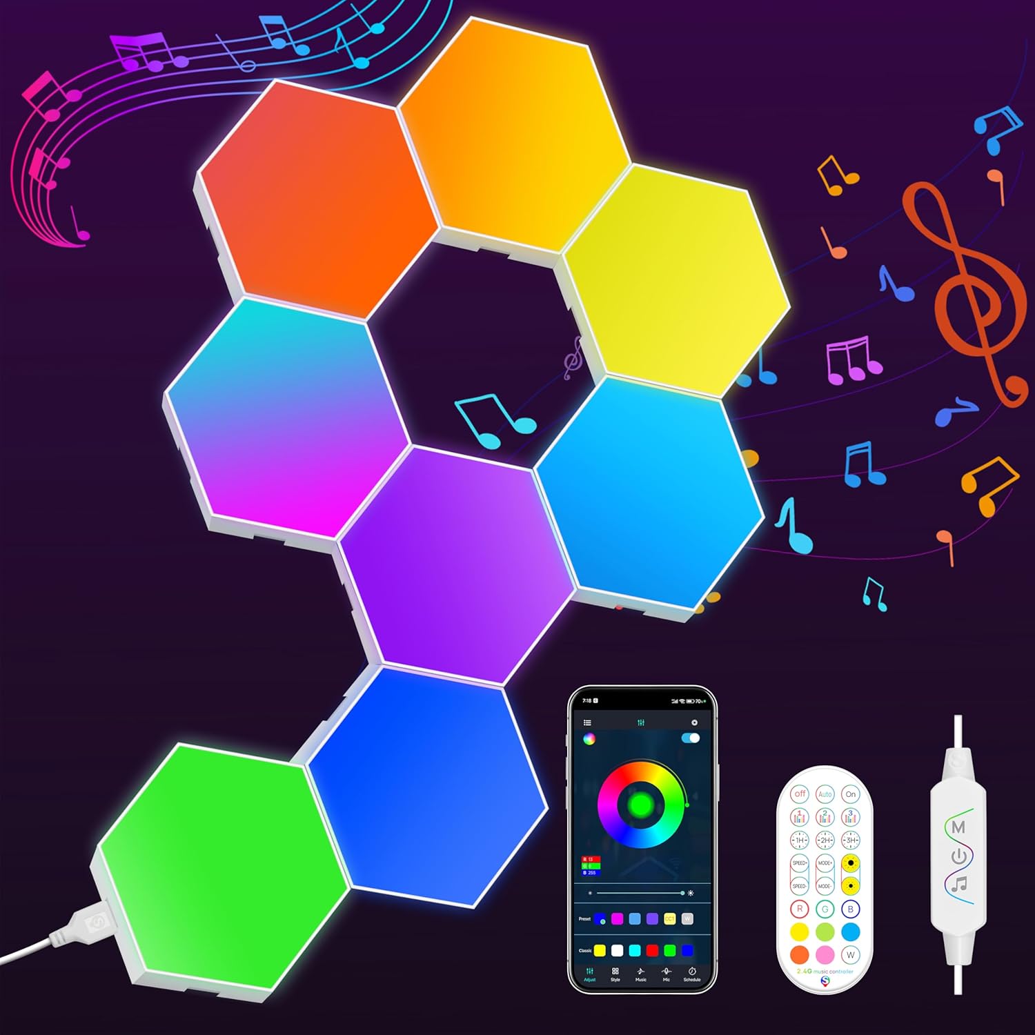 KORORO Hexagon LED Lights - 8 Pack Smart APP RGB Gaming Light with Remote Control & Music Sync Honeycomb Shape Hex Lights for Bedroom, Living Room Wall, Gaming Decor