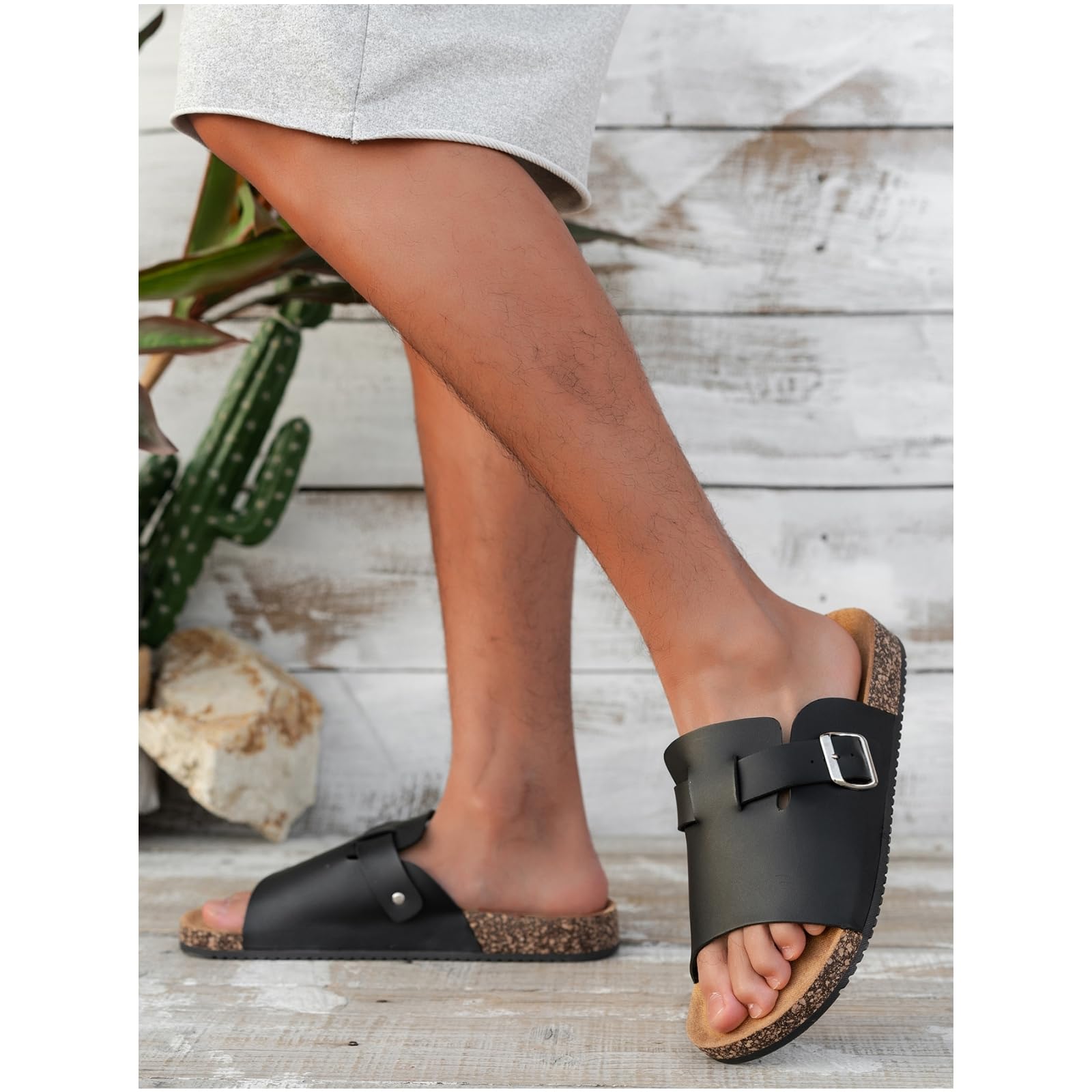 Infradito Sandali da Scivolare con Fibbia Regolabile degli Uomini, Slip-ons in Sughero per L'indossamento Quotidiano Casual-black-44