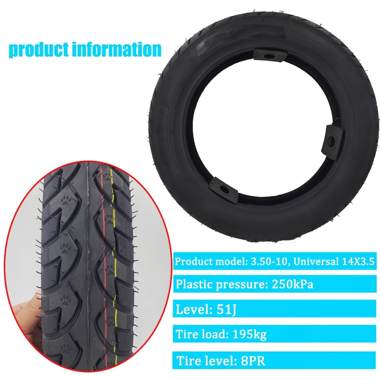 3,50-10 14 x 3,5 Zoll Tubeless-Reifen, durchtrittsicherer Reifen, explosionsgeschützt, 8 PR, maximale Belastung 195 kg, Offroad-Reifen, rutschfest, für Motorrad/Scooter mit gebogenem Wasserhahn, 51J