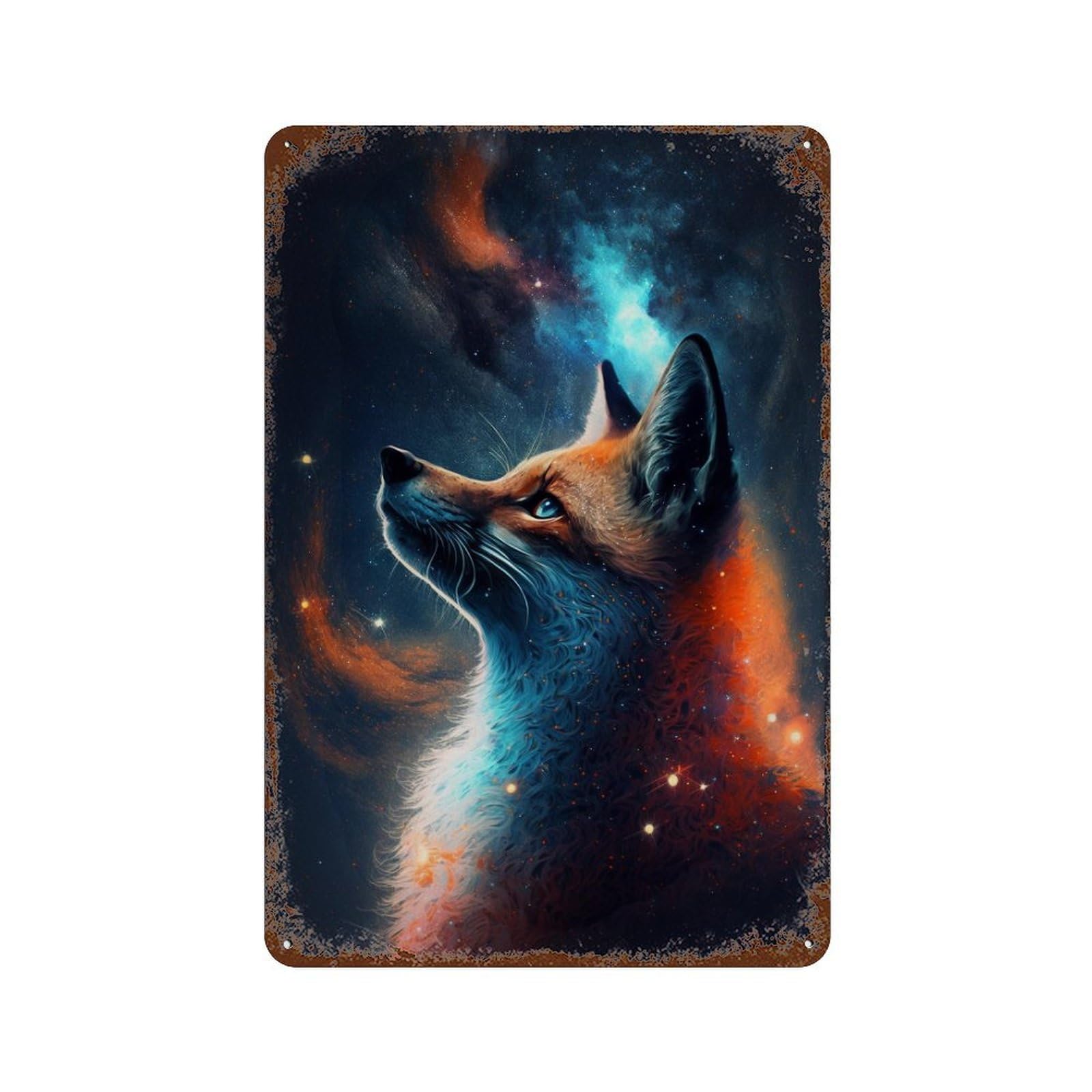Cosmic Fox Portrait-2 Aged Metal Wall Plaque 11.8"x7.9", Industrial Home Decor for Garage, Pub Or Kitchen