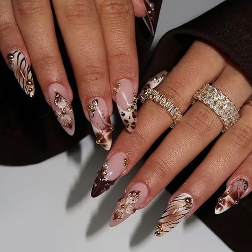 Miniatura 25 de Uñas postizas a presión medianas almendradas con punta francesa, uñas postizas de cobertura completa con diseños de estrellas negras y blancas, uñas