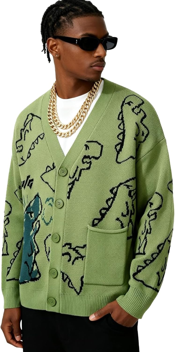 Flygo Mens Dinosaur Sweater Chunky Oversized Knitted Cartoon Button Down Sweater Cardigan - Image 2